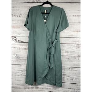 Yarrow Wrap Dress Womens XL Green Short Sleeve Belted Midi 100% Polyester Modern